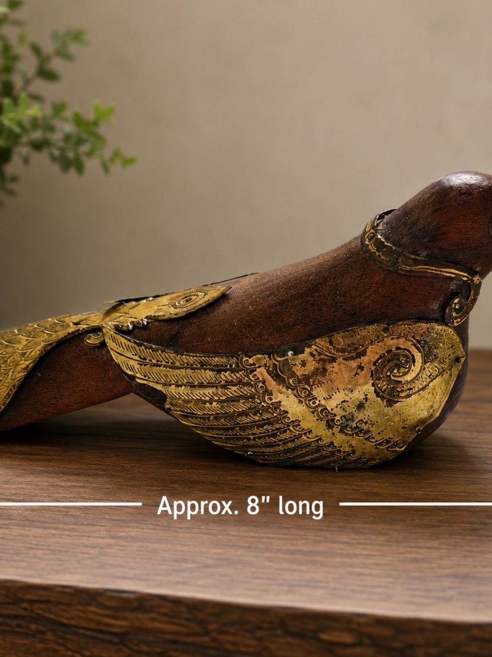 Vintage MCM Dove Bird Carved Wood & Embossed Brass India Folk Art Handmade Boho